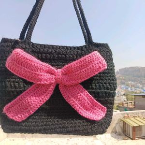 Handmade Black Crochet Tote Bag with Pink Bow❤️