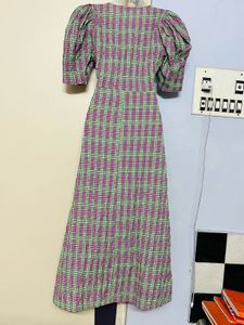 Zara Branded Plaid Puff Sleeve Midi Dress
