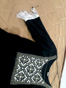 Black Embroidered Dress with Fringe Details