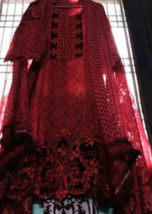 Red Velvet Pakistani Heavy Embroidered Kurta Set