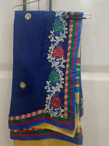 Embroidered Blue &amp; Yellow Sari