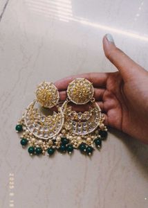 Statement Kundan Earrings - Green &amp; Gold
