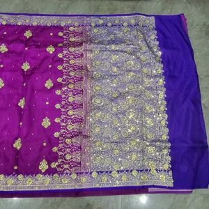 Purple Embroidered Zari Work Saree with Blouse