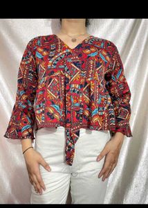 Patterned Tie-Front Top