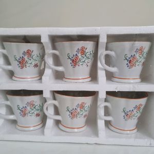 White Ceramic Cup Double Flower Design - Pack Of 6