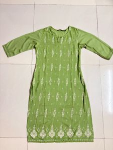 Green Printed Cotton Kurta With Pocket