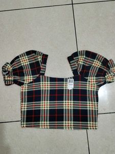 new women crop Plaid Puff Sleeve Top