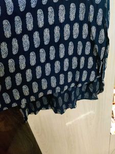 Navy Blue Printed High-Low Kurti with Pink Button