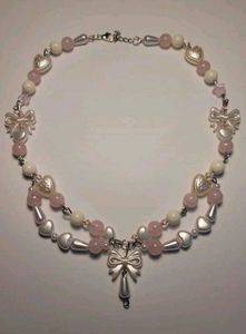 Pink Bow Heart Bead Necklace