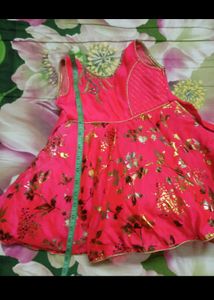 Watermelon Color Rich Look Silk Frock  With Golden Thread Work In The Neck