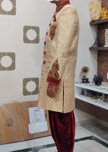 Men Sherwani Dhoti Stitched Set -Cream &amp; Maroon