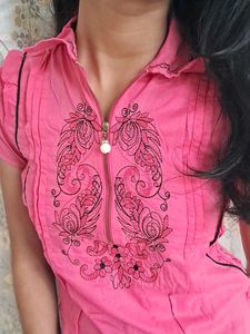 Embroidery Women&#39;s Pink SHirt Top (Pure Cotton)