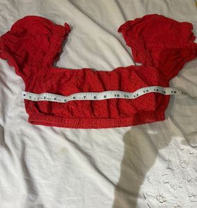 Red Eyelet Puff Sleeve Crop Top And Denim Dress