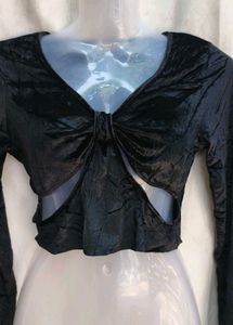 192812. Black Velvet Tie Front Crop Top