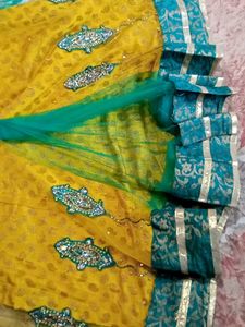 Yellow+bottle Green Lehenga choli/ Half Saree