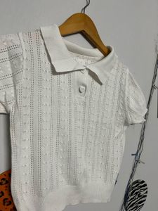 Cute White Knit Polo Top
