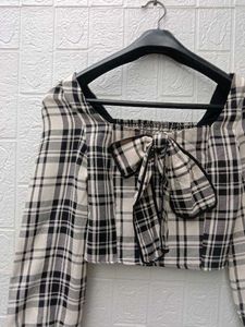 New with tag Pinterest Korean Plaid Bow Crop Top