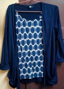 i will buy it from max .. it is xs in size ... blue-white colour.... attached top... with 2 pockets and 3-4th sleev.