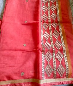 Elegant Coral Peach Saree With Stitched Blouse