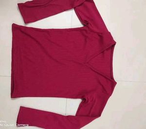 Red V-Neck Ribbed Knit Top