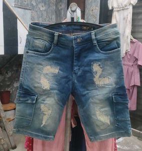 Distressed Denim Cargo Shorts
