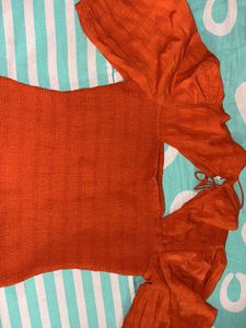 Orange Smocked Puff Sleeve Top