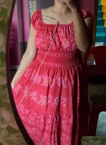 Deep Pink Stretchable Cotton Long Frock