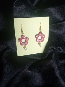 Pink Flower Pearl Drop Earrings