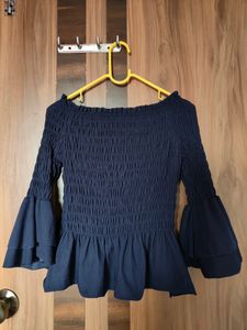 Navy Blue Smocked Peplum Top(Women)