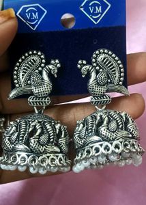Silver Peacock Jhumka Earrings