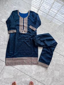 Navy Embroidered Kurti Set