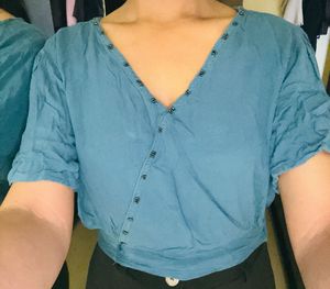 Blue Wrap Top with Beaded Detail