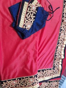 Red Contrast Sari With Ready Blouse