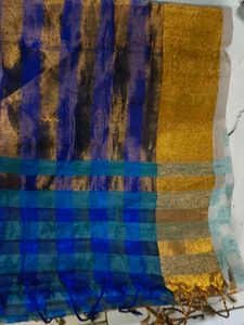 Blue &amp; Gold Checked Saree