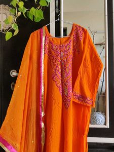 Orange Embroidered Suit With Dupatta