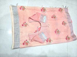 Peach Linen Saree with Floral Embroidery