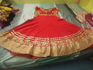 Red &amp; Gold Embroidered Anarkali Suit