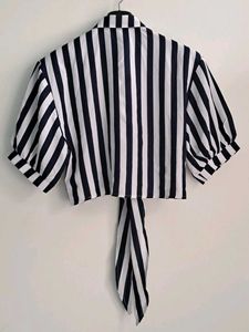 White &amp; Navy Tie-Front Cropped Shirt