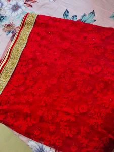 Red Embroidered Net Saree