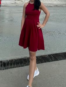 Burgundy Scalloped Halter Fit &amp; Flare Dress