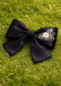 Elegant Black embroidered Floral Bow Hair Clip