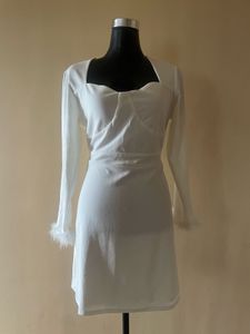 White Mini Dress with Feathered Sleeves