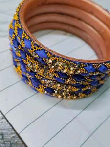 Blue &amp; Gold Beaded Bangles (Set of 4)