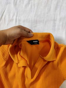Orange Ribbed Polo Crop Top