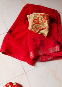 Red Saree With Beautiful Blouse
