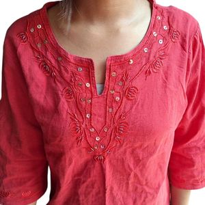 Elegant Red Embroidered Kurti with Mirror Work