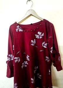 2 XL Maroon Leaf Print Top