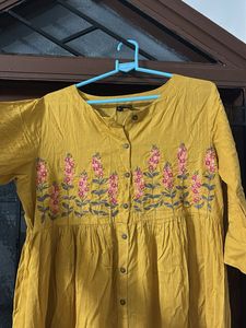 Mustard Floral Embroidered Kurta
