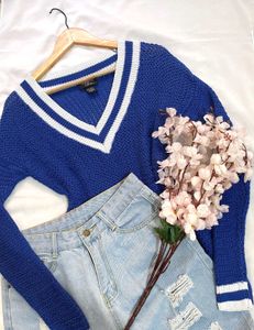 Korean Blue V-Neck Knit Sweater D