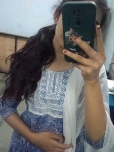 Blue  white Printed cotton anarkali frock Xl